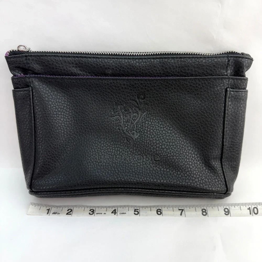 Younique Black Pebbled Faux Leather Makeup Bag Purple Satin Lining Cosmetic bag